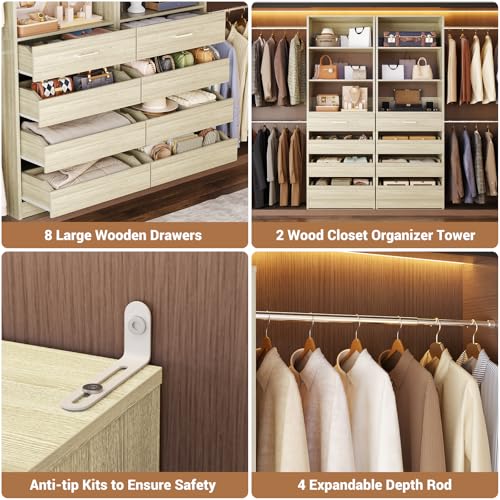 Aheaplus Closet System, 6-15Ft Closet Organizer with 8 Wooden Drawers, Wood Closet Organizer System with Tower, Walk-in Closet Organizer Wardrobe Garment Clothes Rack with 4 Hanging Rods, White Oak - color: White Oak