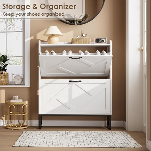 Nicetree Shoe Cabinet with 2 Flip Drawers, Freestanding Shoe Organizer, Shoe Cabinet with Metal Legs, Narrow Shoe Rack Cabinet for Entryway, Foyer, Hallway, White - color: Alabaster, style: 2-Drawers