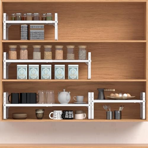 Expandable Cabinet Shelf Organizer Adjustable Metal Spice Rack Stackable Freestanding Counter Storage Shelves for Kitchen Cabinet Under Sink Office Desk (White - 3Pack - L16.5-27'' * W10.2'' * H9.6'') - color: White - 3pack - L16.5-27'' * W10.2'' * H9.6''