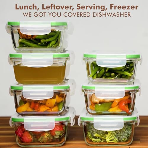 Razab 16 Pc (Set of 8) 30 Oz Glass Meal Prep Containers with Lids, Airtight Large Glass Food Storage Containers, Reusable Leak Proof BPA Free, Freezer to Oven and Dishwasher Safe - color: Green