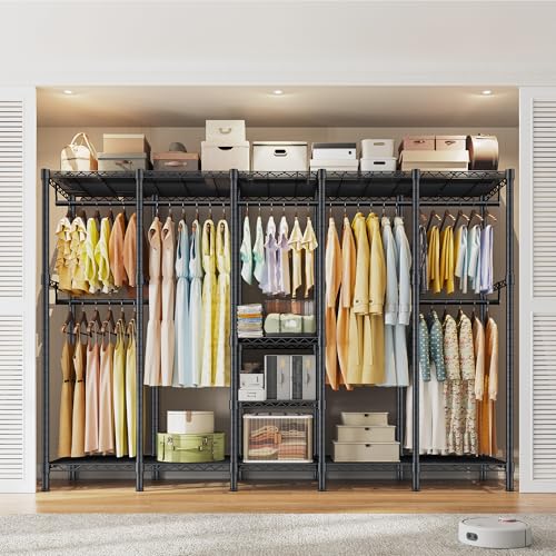 Raybee 88.2" W Clothes Rack Heavy Duty Clothing Racks for Hanging Clothes Extra Wide Portable Closet Loads 1200LBS Freestanding Garment Rack for Bedroom 88.2" W x 75.6" H x 15.7" D, Black - color: Black, style: NO COVER