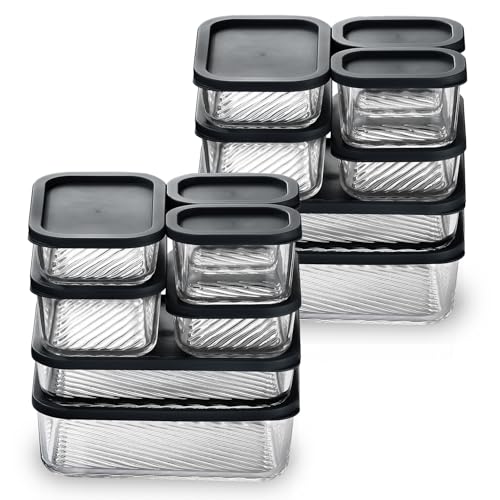 EATEX 14 Pack Glass Meal Prep Containers with Grooved Base, 14 Stackable BPA Free Glass Storage Containers with Lids for Lunch, Pantry, and Kitchen - Microwave, Dishwasher Freezer & Oven Safe - Black - color: Black, size: 14 Pack