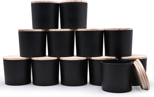 12 OZ Thick Candle Jars for Making Candles 12 Pcs, Empty Jars with Wood Lids for Spice Jars, Sample Container, Matte Black
