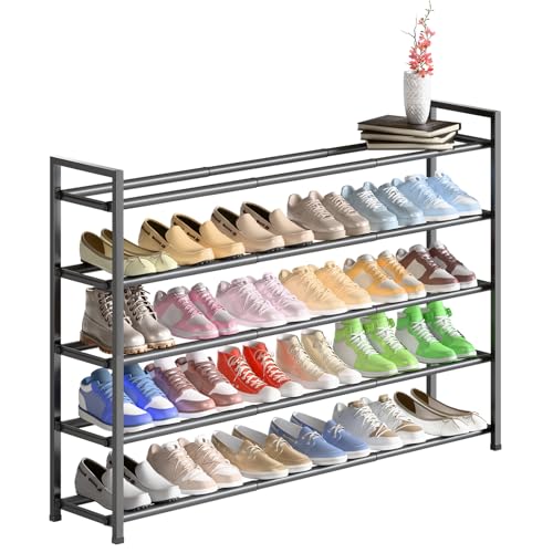 Bumusty 5-Tier Long Expandable Shoe Rack for Closet, 18"-44" Adjustable Shoe Rack for Entryway, 25-30 Pairs Large Shoe Organizer Shelf Storage, Sturdy Metal, Grey - color: Grey, size: 5-Tier