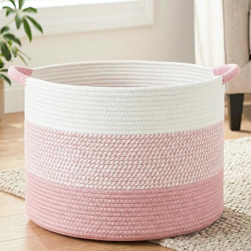 Artfeel 100L Large Cotton Rope Basket, Decorative Woven Blanket Storage for Living Room, Boho Toy Storage & Toy Box for Kids, Versatile Laundry Basket & Nursery Hamper for Blankets(Pink) - color: Pink, size: 100L