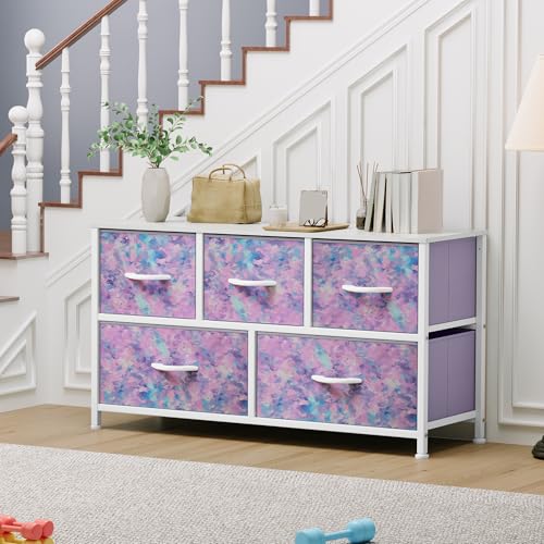 YITAHOME Wide Storage Tower with 5 Drawers - Fabric Dresser, Organizer Unit for Bedroom, Living Room, Closets - Sturdy Steel Frame, Easy Pull Fabric Bins & Wooden Top - color: Purple, style: 5-Drawer