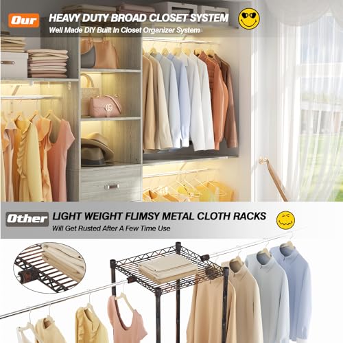 Armocity 96 Inches Closet System, 8FT Walk In Closet Organizer with 3 Shelving Towers, Heavy Duty Clothes Rack with 3 Drawers, Built-In Garment Rack, 96"L x 16"W x 75"H, Load 1000 LBS, White Oak - color: White Oak