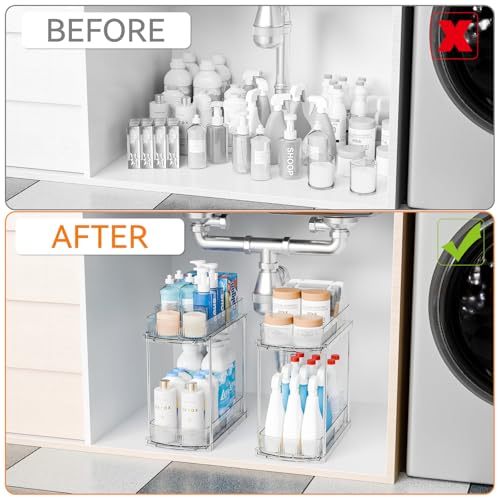 Yieach 3 Pack 13.8″ Deep 2 Tier Under Sink Storage Organizer,Large Pull Out Bathroom Organizers and Storage,Slide Out Acrylic Undersink Storage Shelf,Kitchen Under Sink Organizer for Cleaning Products - style: 3 Pack-2 Tier