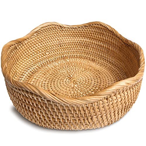 HITOMEN Handmade Rattan Bread Baskets Round Wicker Fruit Serving Storage Bowls, Natural Woven Decorative Kitchen Counter Organizing (Honey Brown) L-11.5" - size: Large