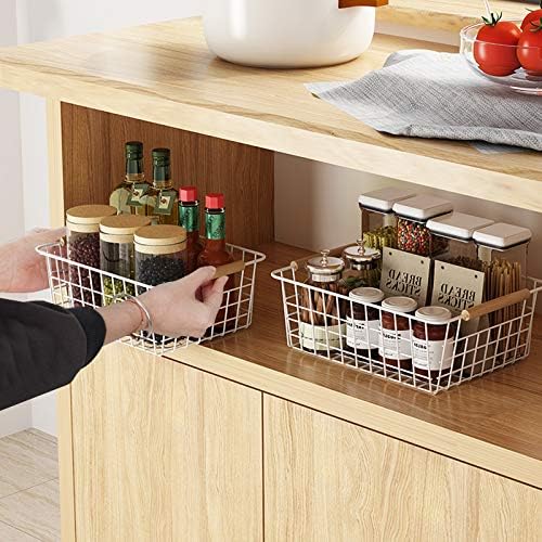 LeleCAT White Wire Baskets for Organizing with Handles，Pantry Organizers and Storage For Kitchen, Household Snack Basket for Cabinets, Closets, Bedrooms,food - Set of 4(White)