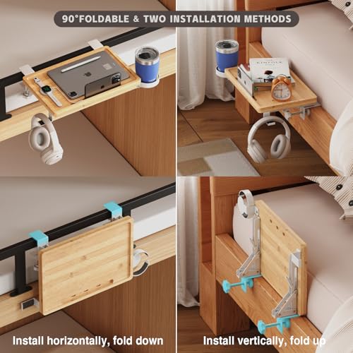 Magheo Bedside Shelf Wood, Foldable Clip-On Bed Shelf for Top Bunk Space Saving Bed Side Table Tray for College Dorm Essentials,Loft Nightstand Organizer Tray with Removable Cup Holder, Hooks, Groove - size: Foldable+cup holder/hooks/groove