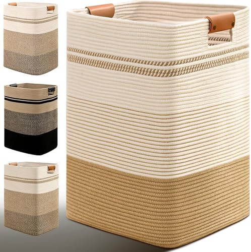 Laundry Hamper, 95L Tall Laundry Basket with Leather Handles, Rectangle Large Clothes Hamper for Organizing, Cotton Woven Laundry Baskets Storage Hampers for Bedroom, Nursery, Living Room - color: Jute & White, size: 95L