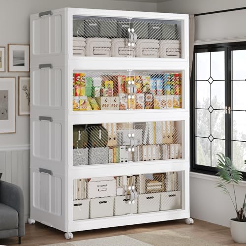 120GAL Plastic Storage Bins with Lid, 480QT Extra Large Stackable Closet Organizers and Storage, Collapsible Storage Boxes with Wheels, Folding Cabinet for Home Kitchen Office, 4Pack White - color: 30Gal-White, style: 4Pack