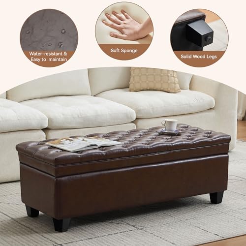 WUTUTUEE 50" Faux Leather Storage Ottoman Bench, End of Bed Upholstered Rectangle Storage Ottoman Tufted Living Room Bedroom Bench with Safety Hinge, Solid Wood Legs, Loads 500 lb(Dark Rrown) - color: Dark Brown