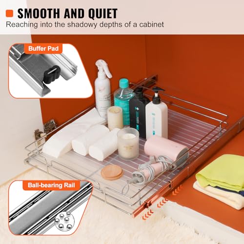 VEVOR 21.5" Wx21 Dx3.5 H Pull Out Cabinet Organizer, Heavy Duty Slide Out Pantry Shelves, Chrome-Plated Steel Roll Out Drawers, Storage for Home, Under Sink, 23" Wx22 Dx7 H Install Size for Cabinet - size: 21.5" Wx21"D