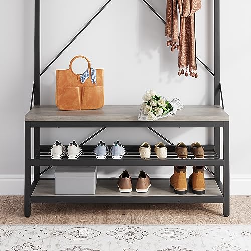 39.9" Industrial Hall Tree Coat Rack, with Bench & Shoe Storage, Entryway Organizer with 8 Sturdy Hooks & Hanging Bar, Large Shoe Rack with Storage Shelf, Steel Frame, Farmhouse Wood Look Accent, Grey