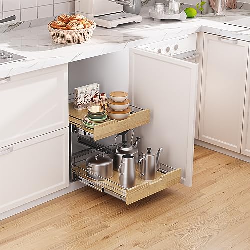 Sikarou Pull Out Cabinet Organizer,Heavy-Duty Slide Out Shelf, Wood and Wire Basket, Pull Out Drawer for for Kitchen Under Sink Space, Pantry, Bathroom, 2 Tie 26 * 21 in - size: 2-TIE 26*21 WM