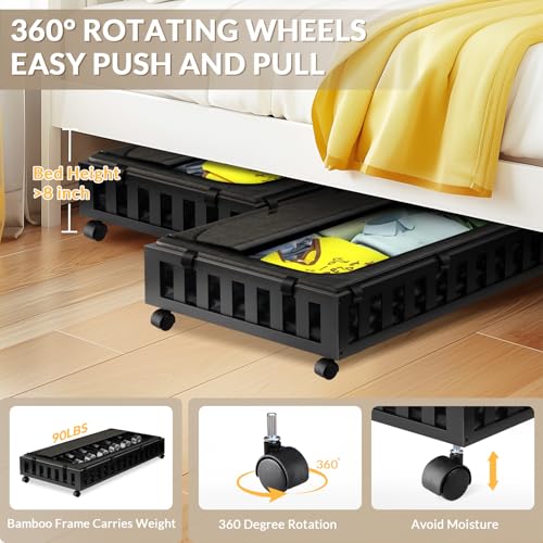 Gashell 2 Pack Bamboo Under Bed Storage with Wheels, 39”x20”x7.8” Lager Under Bed Storage Containers (Black) - color: Black