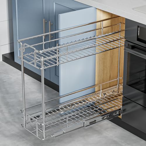 ROOMTEC Pull Out Spice Rack for Narrow Cabinet (8½" W X 21" D),2 Tier Slide Out Cabinet Organizer and Pull Out Shelves Under Cabinet Storage for Kitchen, Chrome - size: 8½" W x 21" D, 2 Tier