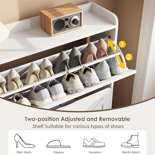 Nicetree Shoe Storage Cabinet with 2 Flip Drawers, Freestanding Shoe Organizer, Shoe Cabinet with Metal Legs, Narrow Shoe Rack Cabinet, Farmhouse Slim Shoe Cabinet for Entryway, Foyer, Hallway, White - color: White, style: 2-Drawers