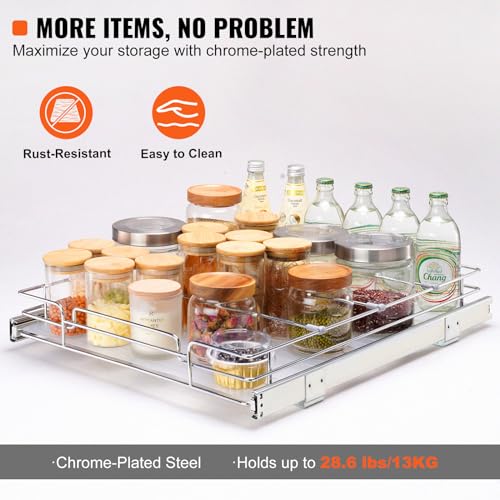 VEVOR 18.5"Wx21"Dx3.5"H Pull Out Cabinet Organizer, Heavy Duty Slide Out Pantry Shelves, Chrome-Plated Steel Roll Out Drawer, Drawer Storage for Home Under Sink, 20"Wx22"Dx7"H Install Size for Cabinet - size: 18.5"Wx21"D