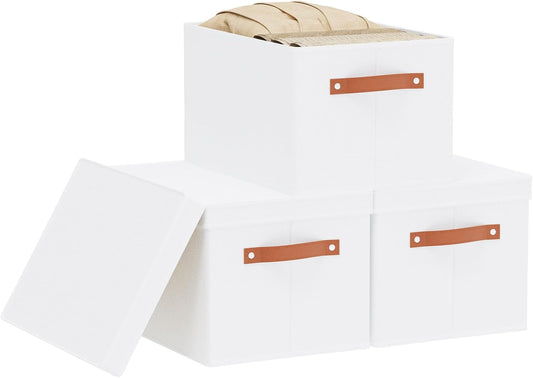 Fabric Storage Bins, Clothes Boxes for Shelves with Lids, 3 Pack Baskets for Organizing with Handles, Decorative Linen Closet Organizers, White, 16.5 x 11.8 x 10.2 Inch