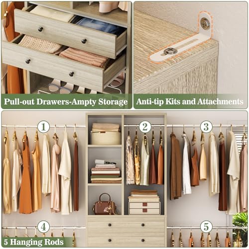 Besiost Closet System, 4.2–8.8 FT Closet Organizer with 2 Wooden Drawers and Shelves, Walk-in Closet System with 5 Hang Rods, Built-in Reach in Closet Tower, Can Fit 60 to 96 inch, Greige Oak - color: Greige Oak