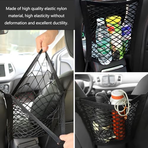 2-Layer Car Mesh Organizer, Seat Back Net Bag Stretchable Barrier of Backseat Pet Kids, Four-Side Elastic Storage Netting Pouch Cargo Tissue Purse Holder Between Front Seats - color: 2-Layer Four-Side