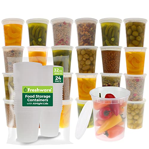 Freshware Food Storage Containers [24 Set] 32 oz Plastic Deli Containers with Lids, Slime, Soup, Meal Prep Containers, BPA Free, Stackable, Leakproof, Dishwasher and Freezer Safe, Translucent - size: 32 oz [24 Sets]