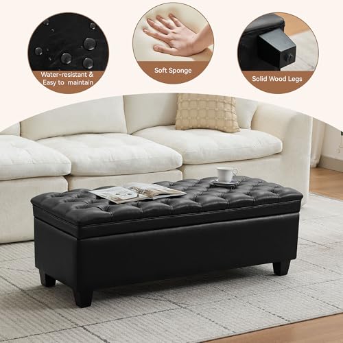 WUTUTUEE 50" Faux Leather Storage Ottoman Bench, End of Bed Upholstered Rectangle Storage Ottoman Tufted Living Room Bedroom Bench with Safety Hinge, Solid Wood Legs, Loads 500 lb(Black) - color: Black