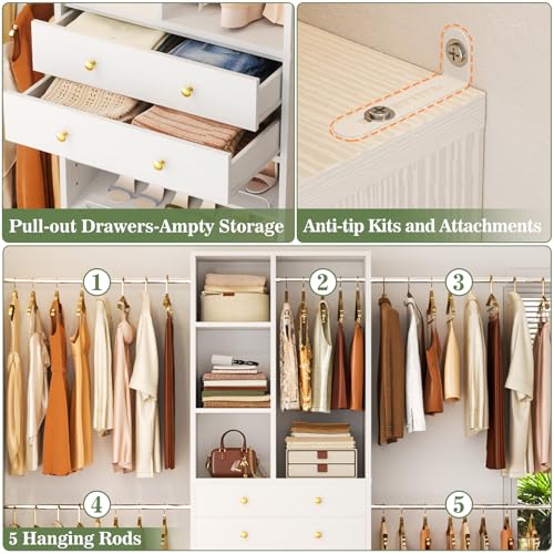 Besiost Closet System, 4.2–8.8 FT Closet Organizer with 2 Wooden Drawers and Shelves, Walk-in Closet System with 5 Hang Rods, Built-in Reach in Closet Tower, Can Fit 60 to 96 inch, White - color: White