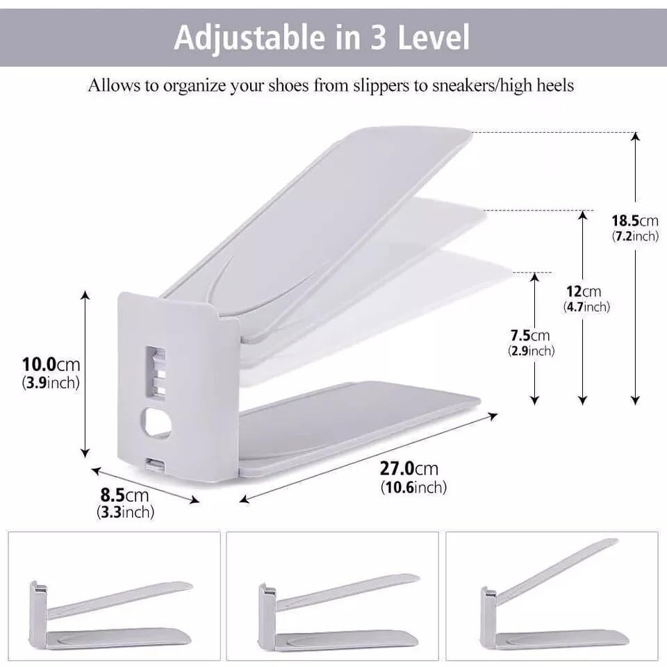 HYGRAD BUILT TO SURVIVE Shoe Slots Pack Of 12 Space-Saving Adjustable Shoe Storage Organiser with 3-Level Height, Non-Slip Shelf Holder, Plastic (White) - color: White