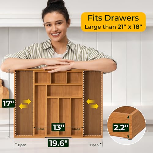 keechee Carbonized Bamboo Kitchen Drawer Organizer, 10 Slots Expandable Silverware Organizer, Utensil Holder & Cutlery Tray, 2.2" Deep for Extra Capacity, Non-Slip Feet Included - size: 10 Slots（Expandable）