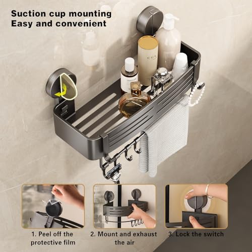 VOLPONE Shower Caddy Suction Cup No Drilling Suction Cup Shower Shelf Heavy Duty Bathroom Shower Organizer Storage Rack Adhesive with Towel Bar Hooks (3-Pack, Matte Gray) - style: Suction Cup Rectangle with Towel bar 3 Tier Gray