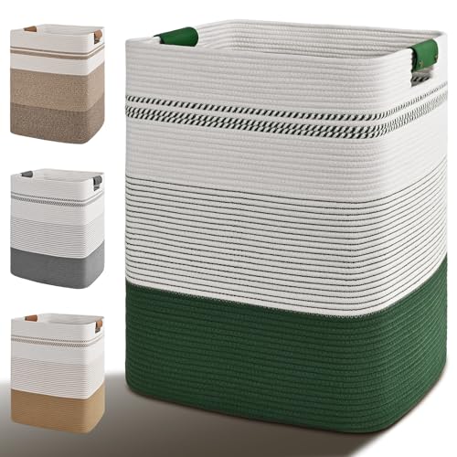 Laundry Hamper, 95L Tall Laundry Basket with Leather Handles, Rectangle Large Clothes Hamper for Organizing, Cotton Woven Laundry Baskets Storage Hampers for Bedroom, Nursery, Living Room - color: Green, size: 95L