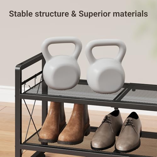 ELYKEN Shoe Rack, 2-Tier Expandable Shoe Organizer for Entryway, Metal Black Shoe Shelf with 4 Hooks, Ajustable Shoe Stand Holder for Closet, Garage, Door Entrance - size: 2-Tier