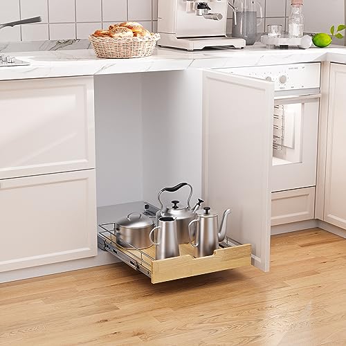 Sikarou Pull Out Cabinet Organizer,Heavy-Duty Slide Out Shelf, Wood And Wire Basket, Pull Out Drawer for for Kitchen Under Sink Space, Pantry, Bathroom (20 * 21 WM) - size: 1-TIE 20*21 WM