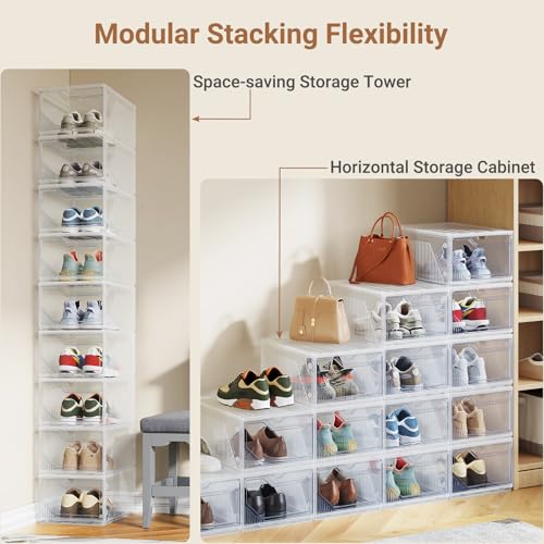 XX-Large Shoe Sneaker Storage Boxes for Size 14, Stackable & Thicken Clear Plastic Shoe Organizers 6 Packs for Entryway Closet Under Bed, Shoe Storage Cabinets Container Display Case w/ Magnetic Door - size: 6 packs