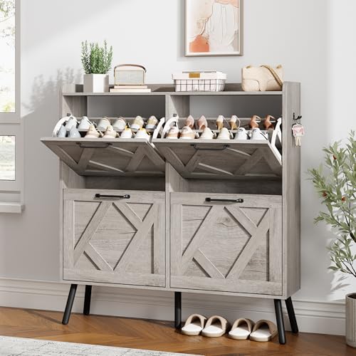 Nicetree Shoe Cabinet with 4 Flip Drawers, Freestanding Shoe Organizer Cabinet, Farmhouse Narrow Shoe Storage Cabinet for Entryway, Foyer, Hallway, Gray - color: Grey, style: 4-Drawers