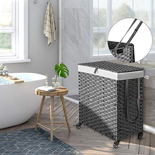 Greenstell Laundry Hamper with Wheels, No Install Needed, 110L Divided Handwoven Hampers & 2 Removable Liner Bags, Rattan Clothes Laundry Basket with Lid & Handles, Foldable Hampers Gray 22x13x26.4 In - color: Gray, size: 110L: 22.0x13.5x26.4 Inches