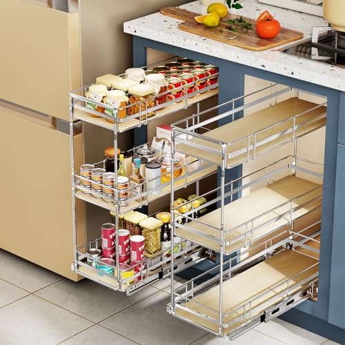 ROOMTEC 3-Tier Pull Out Cabinet Organizer Spice Rack for Narrow Cabinet 9" W x 20½" D, Slide Out Wood Shelves Storage for Kitchen - size: 9" W x 20½" D, 3 Tier, Wood Shelves