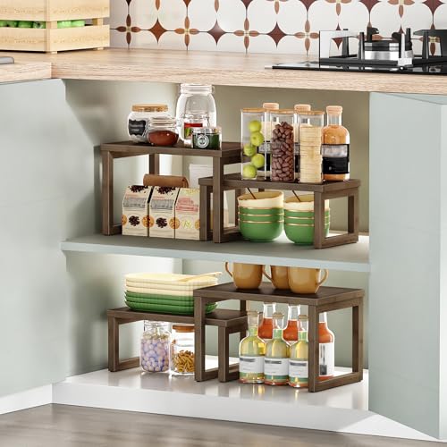HOOBRO Cabinet Organizer Shelf, Set of 4 Kitchen Counter Shelves, Expandable Kitchen Storage, Stackable Bamboo Spice Rack, for Kitchen, Countertop, Office Desk, Living Room, Mocha MA20TLP201 - color: Mocha
