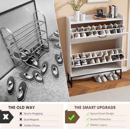Nicetree Shoe Storage Cabinet with 2 Flip Drawers, Freestanding Shoe Organizer, Shoe Cabinet with Metal Legs, Narrow Shoe Rack Cabinet, Farmhouse Slim Shoe Cabinet for Entryway, Foyer, Hallway, White - color: White, style: 2-Drawers