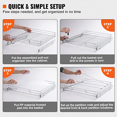VEVOR 21.5" Wx21 Dx3.5 H Pull Out Cabinet Organizer, Heavy Duty Slide Out Pantry Shelves, Chrome-Plated Steel Roll Out Drawers, Storage for Home, Under Sink, 23" Wx22 Dx7 H Install Size for Cabinet - size: 21.5" Wx21"D
