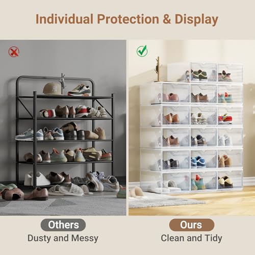 XX-Large Shoe Sneaker Storage Boxes for Size 14, Stackable & Thicken Clear Plastic Shoe Organizers 16 Packs for Entryway Closet Under Bed, Shoe Storage Cabinets Container Display Case w/ Magnetic Door - size: 16 packs