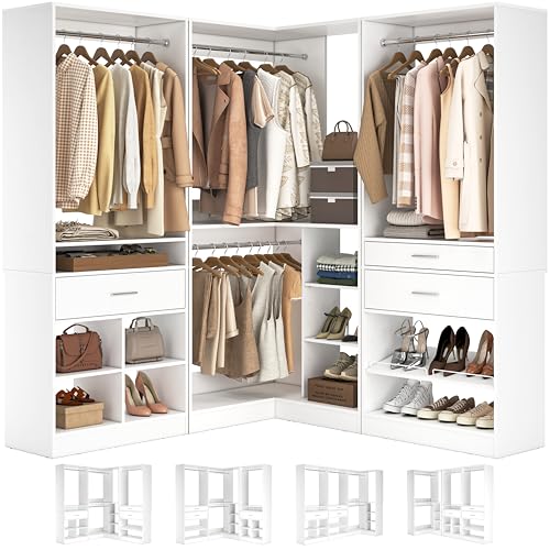 Unikito 86" Corner Closet System, Modular Closets Organizer with 4 Hanging Rods and Storage Shelves, Freestanding Adjustable Wood Clothes Garment Rack with Drawers, Sturdy Walk in Closet Tower, White - color: White, size: 86 Inch