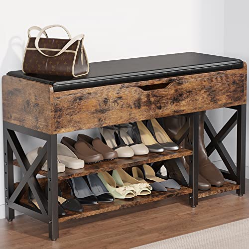 Shoe Bench, Lift Top Shoe Storage Bench, Adjustable Shelf Entryway Bench, Metal and Wood Shoe Rack Organizer with Cushion for Entry, Bedroom, Closet, Living Room, Hallway (Brown, 35.5“W) - color: Brown, size: 35.5“W