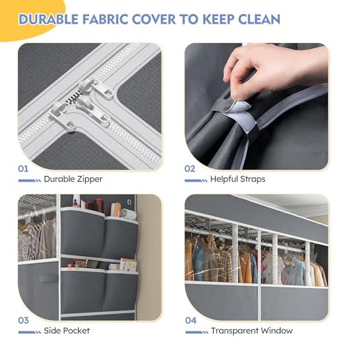 Raybee 90.6" W Extra-Large Clothes Rack with Cover, Freestanding Clothing Racks for Hanging Clothes, Heavy Duty Closet Organizer System, Portable Wardrobe Closet, Adjustable Garment Rack, White - color: White, style: WITH COVER