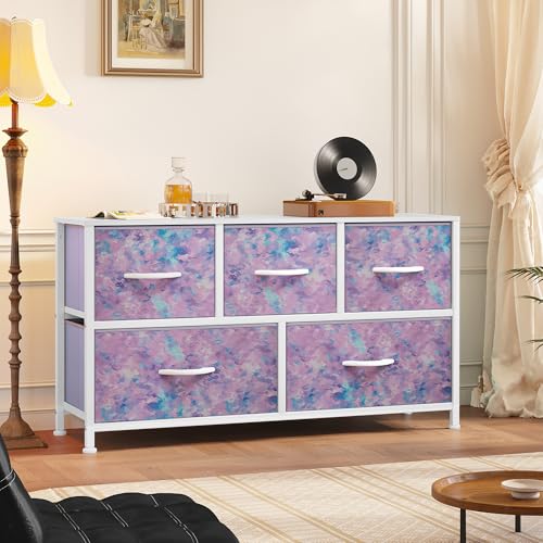 YITAHOME Wide Storage Tower with 5 Drawers - Fabric Dresser, Organizer Unit for Bedroom, Living Room, Closets - Sturdy Steel Frame, Easy Pull Fabric Bins & Wooden Top - color: Purple, style: 5-Drawer