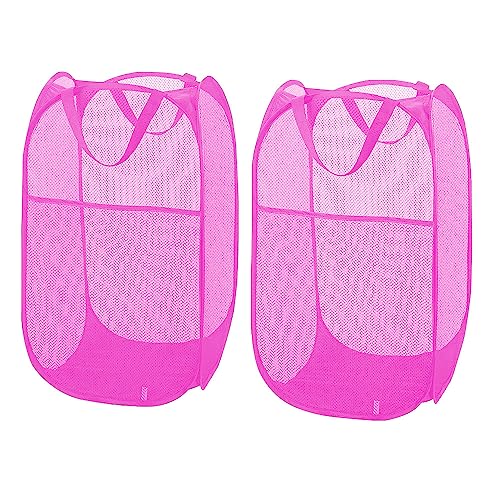 Larpur 2Pack Foldable Popup Laundry Basket, Collapsible Portable Mesh Clothes Washing Laundry Hamper with Reinforced Carry Handles (Pink) - color: 2*Pink